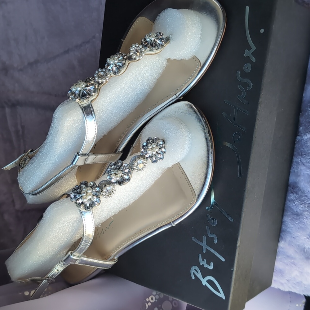 Betsey Johnson silver sparkle pearl flat sandal